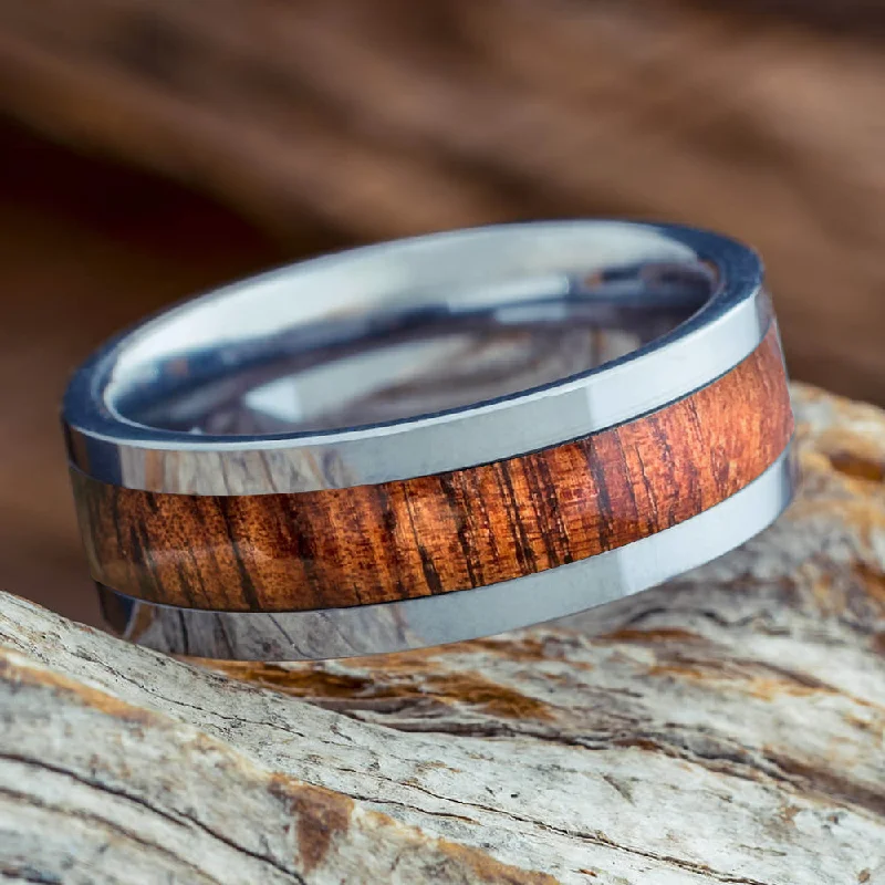 women's engagement rings platinum -Koa Wood Inlaid on a Titanium Wedding Band