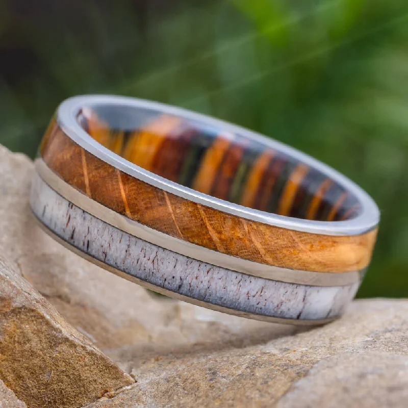 women's engagement rings simple and elegant -Titanium Wedding Band with Exotic Woods and Antler