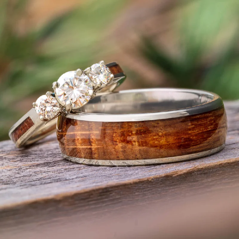 women's engagement rings emerald center stone -Wood Wedding Ring Set, White Gold And Titanium Rings