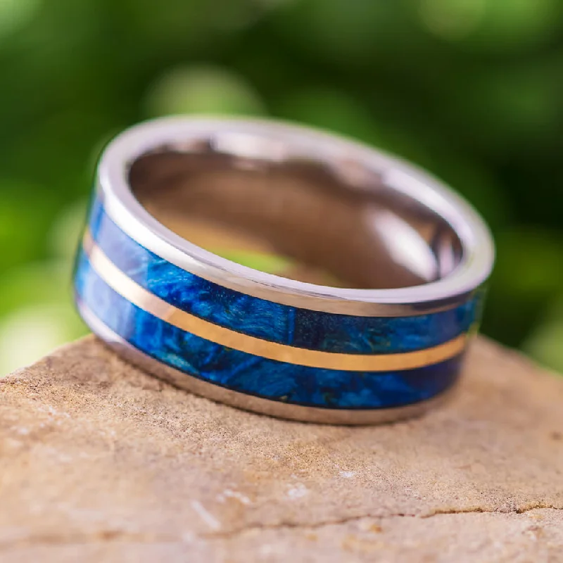 women's engagement rings cushion halo -Blue Box Elder Burl Wood Wedding Band in Titanium with Copper Pinstripe