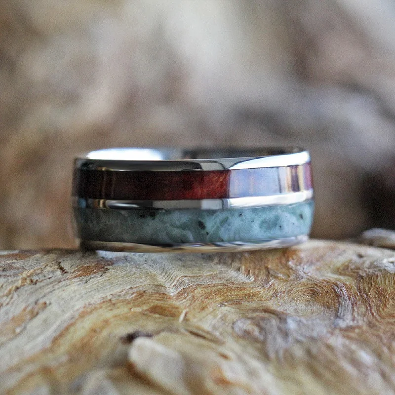 women's engagement rings halo setting -Jade Wedding Band with Natural Redwood, Titanium Ring with Pinstripe