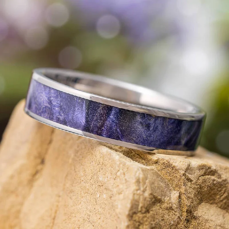 women's engagement rings tension setting -Handmade Wedding Band with Purple Box Elder Wood Burl