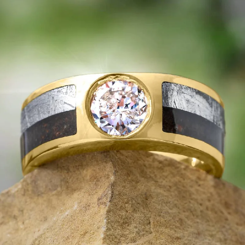 women's engagement rings rose gold band -Lab Grown Diamond Men's Wedding Band With Meteorite & Dino Bone