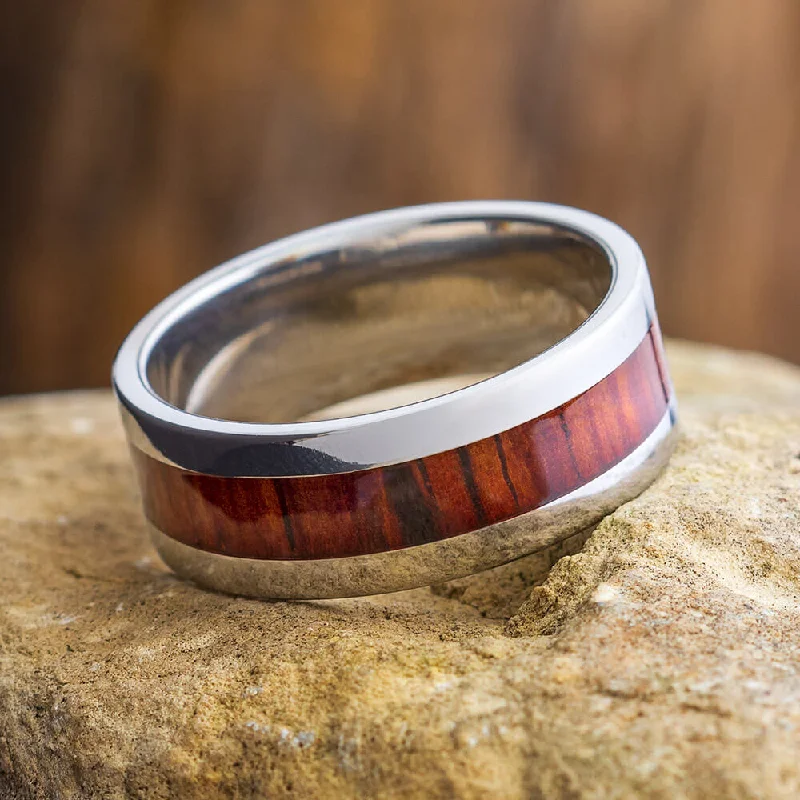 women's engagement rings double halo -Exotic Wood Men's Wedding Band, Titanium Ring with Cocobolo