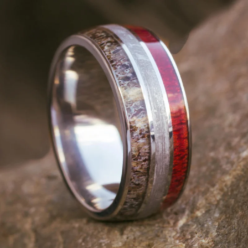 women's engagement rings with pave diamonds -Men's Wedding Band With Wood, Meteorite & Antler