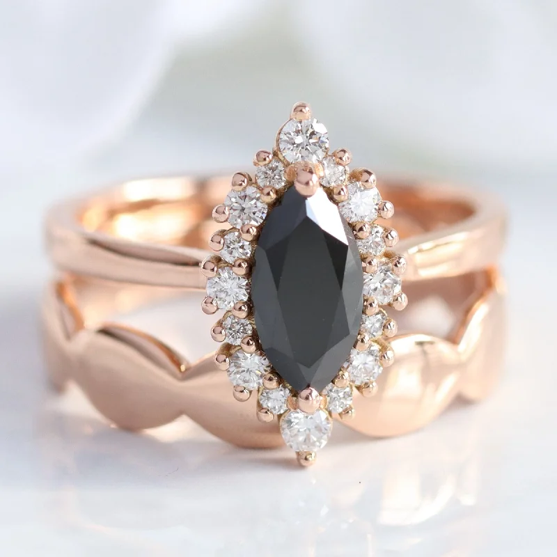 women's engagement rings unique band design -Tiara Halo Marquise Black Diamond Stack w/ Scalloped Wide Wedding Band