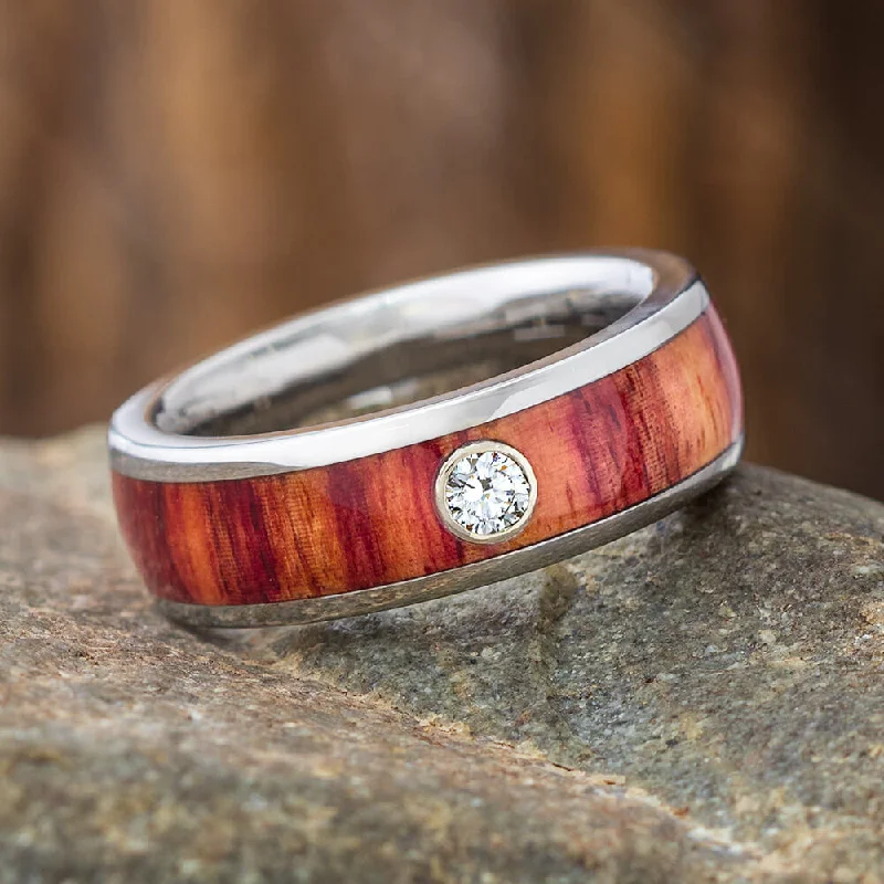 women's engagement rings with colored gemstones -Diamond Wood Wedding Band with White Gold Bezel and Titanium Sleeve