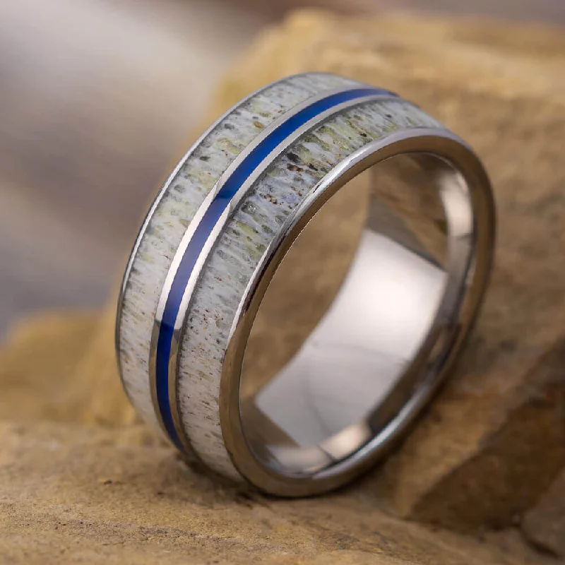 women's engagement rings mixed metal design -Deer Antler Wedding Band with Blue Enamel