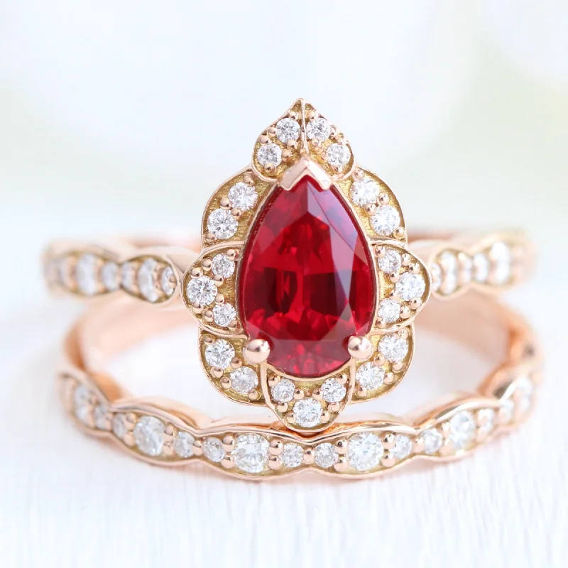 women's engagement rings floral halo -Vintage Floral Pear Ruby Ring Set w/ Matching Scalloped Diamond Wedding Band