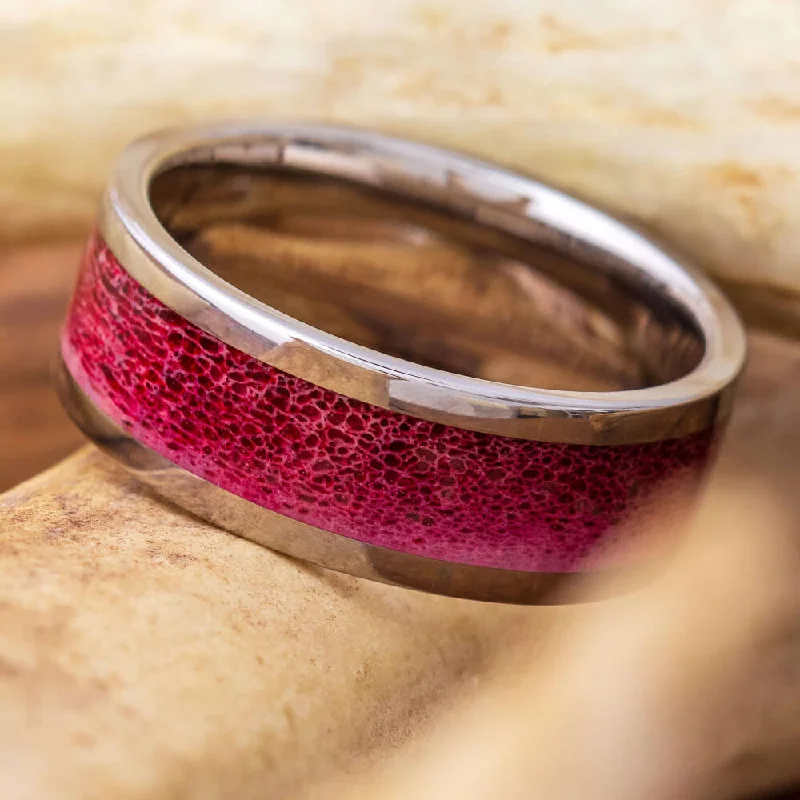 women's engagement rings floral design -Titanium Wedding Band with Warm Red Deer Antler