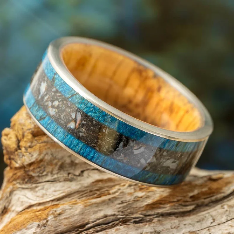 women's engagement rings tension setting -Unique Blue Men's Wedding Band With Dinosaur Bone