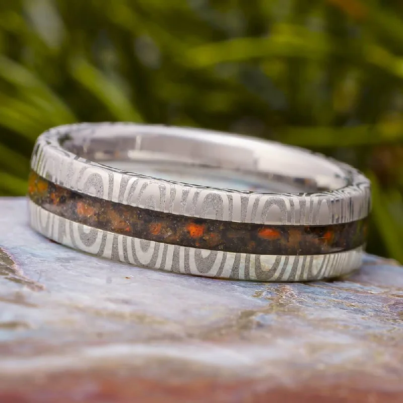 women's engagement rings princess halo -Damascus Wedding Band With Crushed Dinosaur Bone Inlay