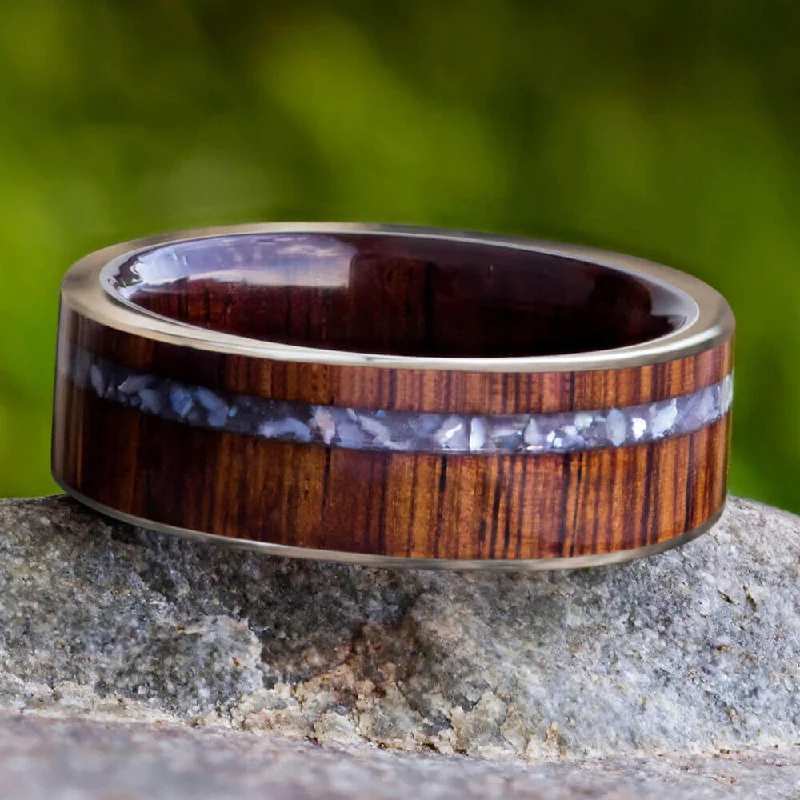 women's engagement rings handcrafted -Honduran Rosewood Wedding Band with Crushed Mother of Pearl Pinstripe