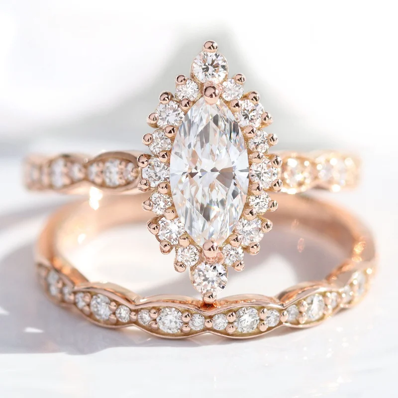 women's engagement rings round cut -Marquise Diamond Halo Scalloped Ring w/ Lab Diamond and Matching Wedding Band